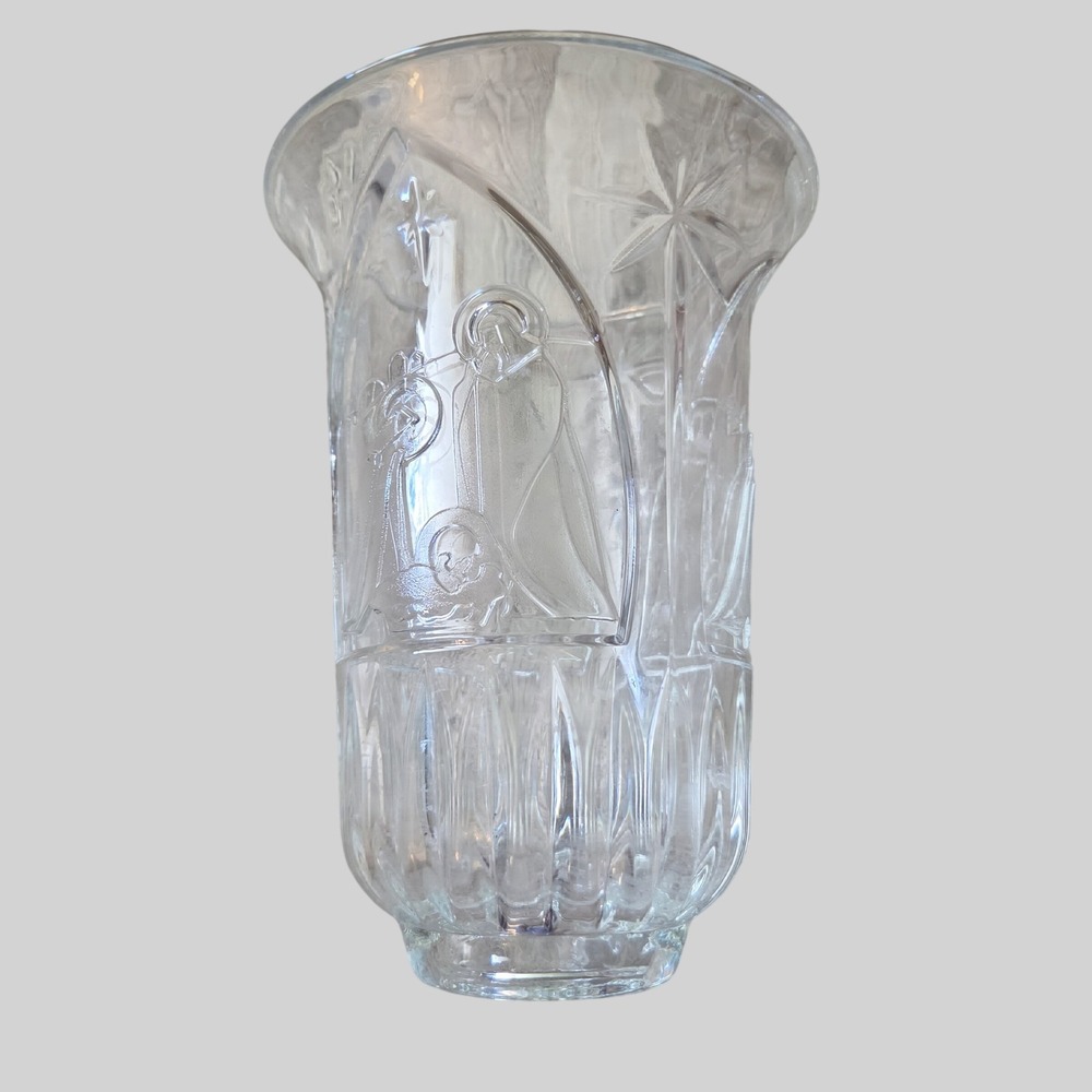 Nativity Scene Lead Crystal Hurricane Candle Shade Clear Glass Christmas 8in VTG